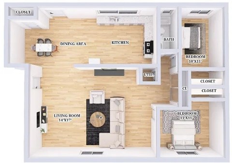 A floor plan of a small apartment with a living room, dining area, kitchen, bathroom, and two closets.